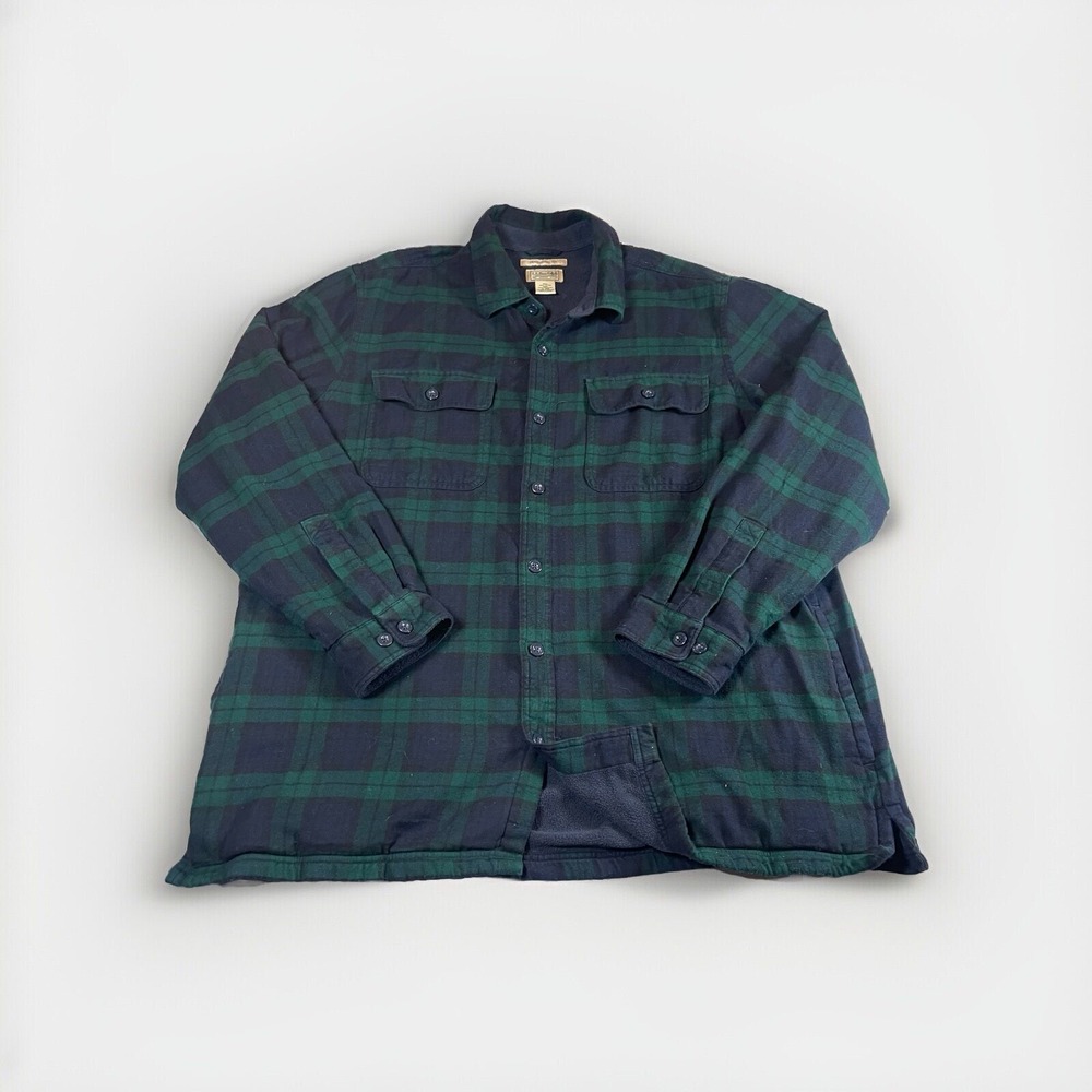 LL Bean Flannel Shirt Jacket Mens XL‎ Fleece Lined Green Tartan Plaid